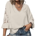 thumbnail image 1 of ZHYou Blouses for Women V Neck Pullover Lace Hollow 3/4 Sleeve Tops Summer Fall Business Casual Shirts,Beige,Size S, 1 of 7