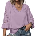 thumbnail image 1 of ZHYou Blouses for Women V Neck Pullover Lace Hollow 3/4 Sleeve Tops Summer Fall Business Casual Shirts,Purple,Size M, 1 of 8