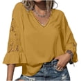 thumbnail image 1 of ZHYou Blouses for Women V Neck Pullover Lace Hollow 3/4 Sleeve Tops Summer Fall Business Casual Shirts,Yellow,Size XL, 1 of 7