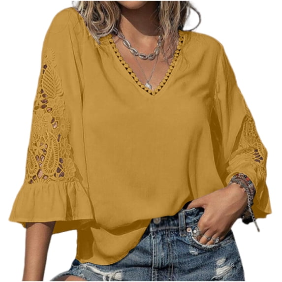 ZHYou Blouses for Women V Neck Pullover Lace Hollow 3/4 Sleeve Tops Summer Fall Business Casual Shirts,Yellow,Size XL