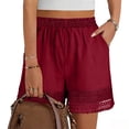thumbnail image 1 of ZHYou No Boundarie Women's Shorts with Lace Trim High Waist Tassel Hem Linen Elastic Waist Baggy Pull On Casual Summer Shorts with Pockets Wine Size L, 1 of 8