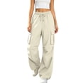 thumbnail image 1 of ZHYou No Boundarie Womens Drawstring Elastic Waist Cargo Jogger Sweatpants Loose Casual Tapered Track Pants with Dual Large Patch Pockets,Beige,Size L, 1 of 7