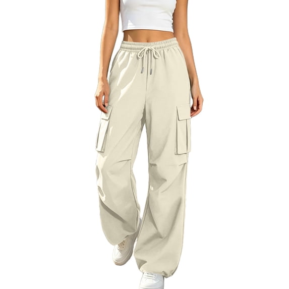 ZHYou No Boundarie Womens Drawstring Elastic Waist Cargo Jogger Sweatpants Loose Casual Tapered Track Pants with Dual Large Patch Pockets,Beige,Size L