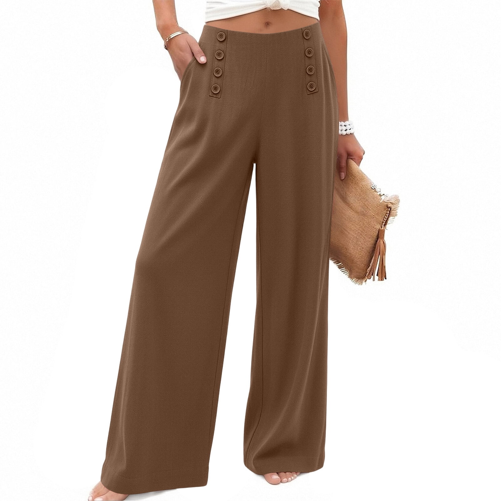 ZHYou No Boundarie Wide Leg Dress Pants for Women and Womens Plus High Waisted with Buttons Elastic Waist with Pockets Casual Pull On Trousers Brown Size XL
