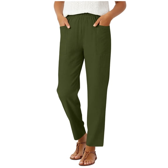 ZHYou No Boundarie Women's Linen Blend Tapered Pants Elastic Waist with Pockets Loose Fit Casual Summer Ankle-Length Trousers for Daily Wear Army Green Size S