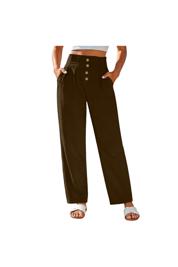 No Boundarie Womens High Waisted Wide Leg Pants with Pockets Button Up Pleated Front Loose Fit Flowy Pull On Casual Summer Trousers Brown Size XL