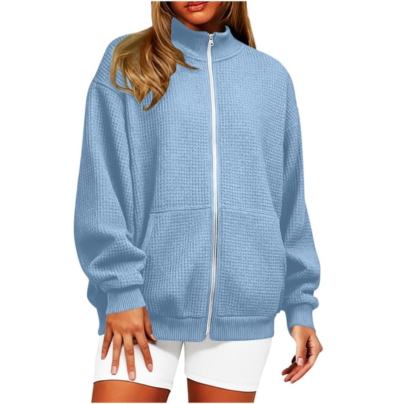 ZHYou No Boundaries Oversized Waffle Knit Zip-Up Jackets for WomenHigh Neck Full Zip Side Pockets Ribbed Cuffs Hem Warm Sweatshirts ,Light Blue,Size 2XL
