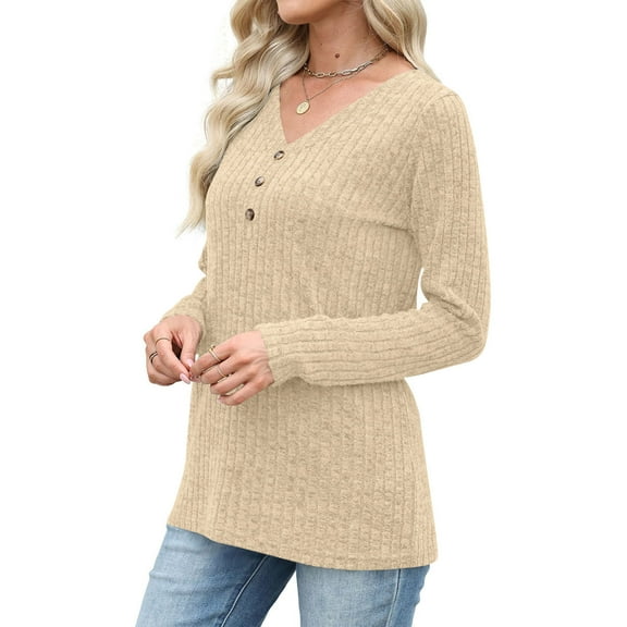 ZHYou No Boundaries Ribbed Knit Henley Tops for Women,V Neck,Long Sleeve,Button Detail Tunic Shirts,Stretchy,Comfortable Casual Wear Tees,Beige,Size 2XL