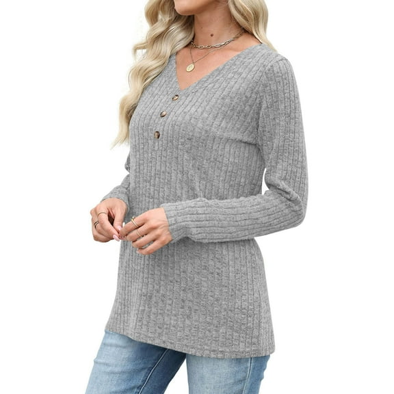 ZHYou No Boundaries Ribbed Knit Henley Tops for Women,V Neck,Long Sleeve,Button Detail Tunic Shirts,Stretchy,Comfortable Casual Wear Tees,Gray,Size 2XL