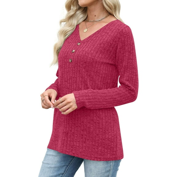 ZHYou No Boundaries Ribbed Knit Henley Tops for Women,V Neck,Long Sleeve,Button Detail Tunic Shirts,Stretchy,Comfortable Casual Wear Tees,Hot Pink,Size 2XL