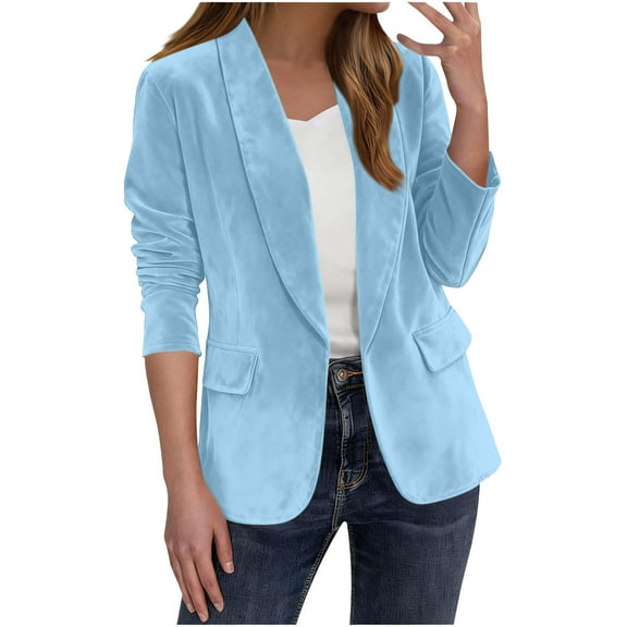 ZHYou Velvet Blazers Jackets for Women,Business Casual Oversized Long Suit Jacket,Dressy Cardigan Blazer Work Office,Light Blue,Size:2XL