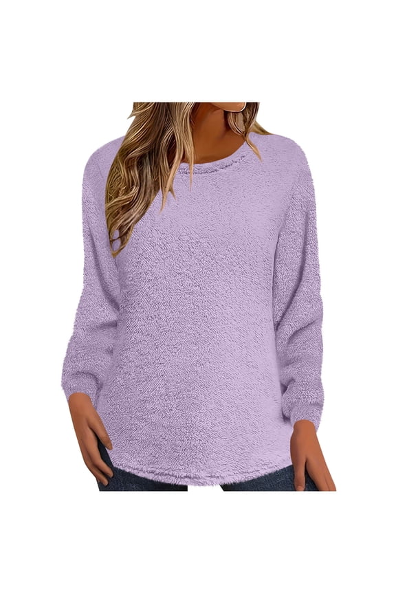 Women Cozy Fleece Pullover Long Sleeve Tops,Loose Fit Casual Sweatshirts,Soft Stretchy Comfortable Daily Loungewear,Purple,Size XL