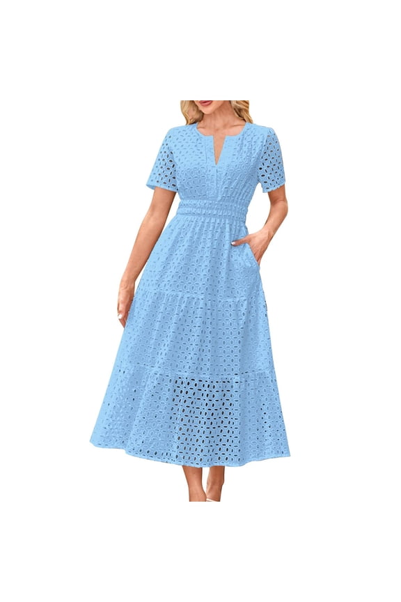 Women Eyelet Lace Midi Dresses Summer Style Short Sleeve Casual Frock V-Neck Elastic Waist Flared Skirt Dresses with Pockets,Light Blue,S