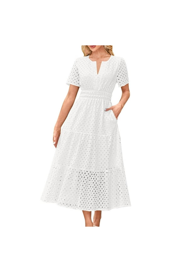 Women Eyelet Lace Midi Dresses Summer Style Short Sleeve Casual Frock V-Neck Elastic Waist Flared Skirt Dresses with Pockets,White,S