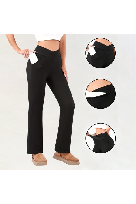 Women Fleece Lined Yoga Pants,Microflare,High Waist,Stretchy,Warm Casual Athletic Trousers,Tummy Control,Comfort Lounge Pants,Black,Size XL