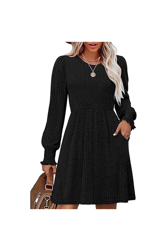 Women Long Sleeve Knit Dress Round Neck Ribbed Fabric Soft Comfortable Stretchy Casual Midi Dress with Pockets and Puff Sleeves,Black,M