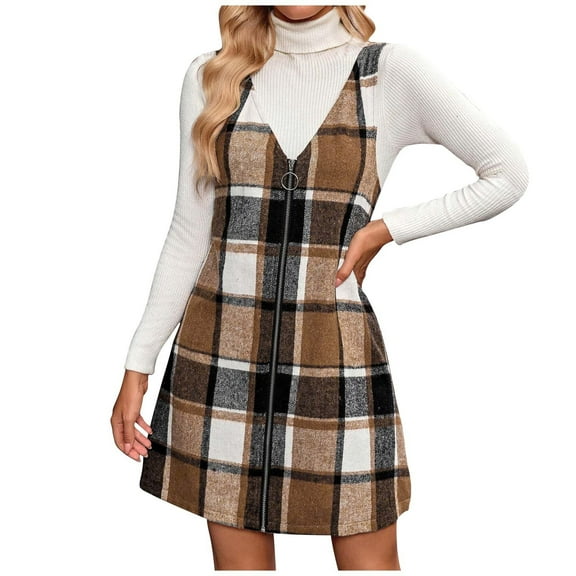 ZHYou No Boundaries Women Plaid Pinafore Dresses, Zip Front, V Neck, Sleeveless, Wool Blend, Overall Jumpers with Turtleneck Underlayer Stylish Casual Fall Winter Outfit,Brown,M