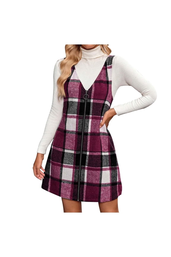Women Plaid Pinafore Dresses, Zip Front, V Neck, Sleeveless, Wool Blend, Overall Jumpers with Turtleneck Underlayer Stylish Casual Fall Winter Outfit,Purple,2XL