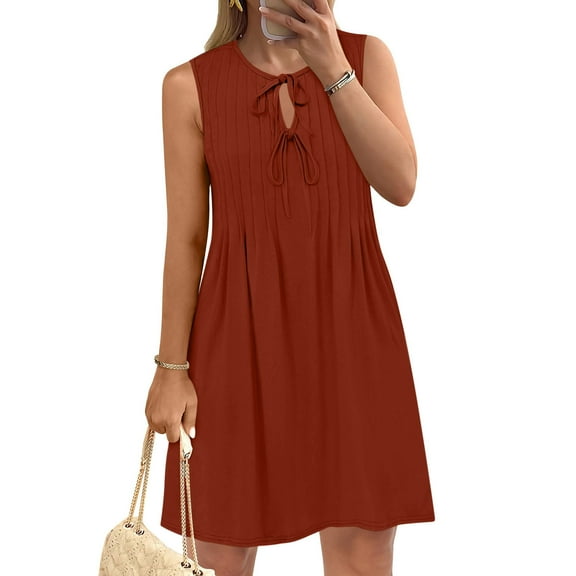 ZHYou No Boundaries Women Sleeveless Dresses, Pleated, Keyhole Neck, Tie Detail ,Soft, Breathable, Lightweight, Comfy Casual Beach Dresses with Pockets,Red,M