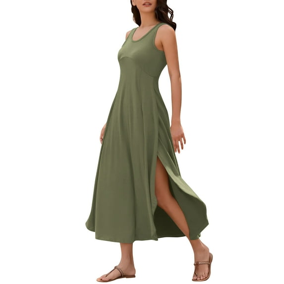 ZHYou Women Sleeveless Maxi Tank Dress Loose Flowy Lightweight Breathable Soft Comfortable Casual Summer Dress Asymmetrical Hem Multi Color,Army Green,XL