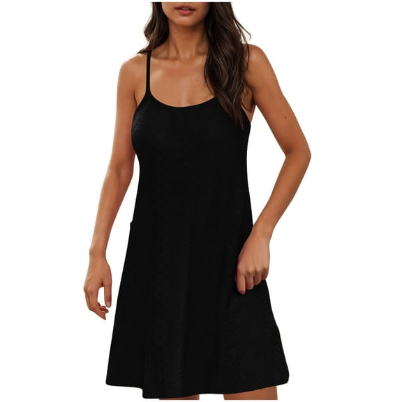 ZHYou No Boundaries Women Sleeveless Spaghetti Strap Dresses, Textured Fabric, Scoop Neck, Loose Fit, Soft Lightweight, Casual Dresses with Side Pockets,Black,S