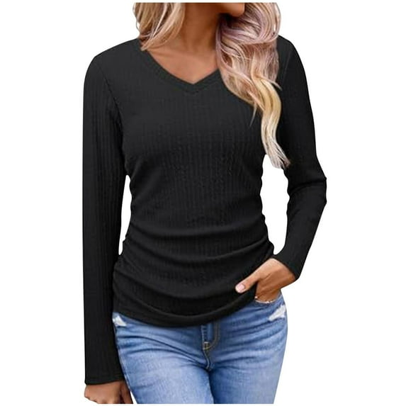 ZHYou Women's Cable Knit V-Neck Long Sleeve Top Slim Fit Stretchy Casual Pullover Elegant Tunic Shirt Versatile Basic Wardrobe Multiple Colors,Black,Size S