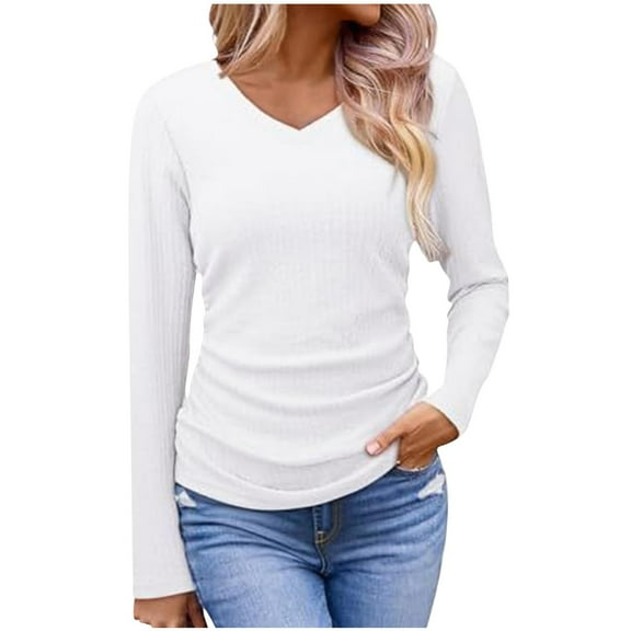 ZHYou No Boundaries Women's Cable Knit V-Neck Long Sleeve Top Slim Fit Stretchy Casual Pullover Elegant Tunic Shirt Versatile Basic Wardrobe Multiple Colors,White,Size XL