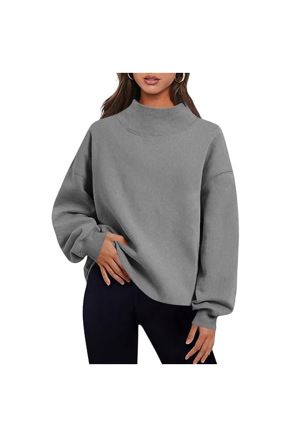 Women's Oversized High Neck Sweatshirts,Long Sleeve Pullover Loose Fit Tunic Top,Comfortable Casual Wear Cozy Wardrobe Essential,Dark Gray,Size 2XL