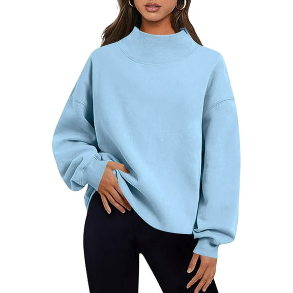 ZHYou Women's Oversized High Neck Sweatshirts,Long Sleeve Pullover Loose Fit Tunic Top,Comfortable Casual Wear Cozy Wardrobe Essential,Light Blue,Size L