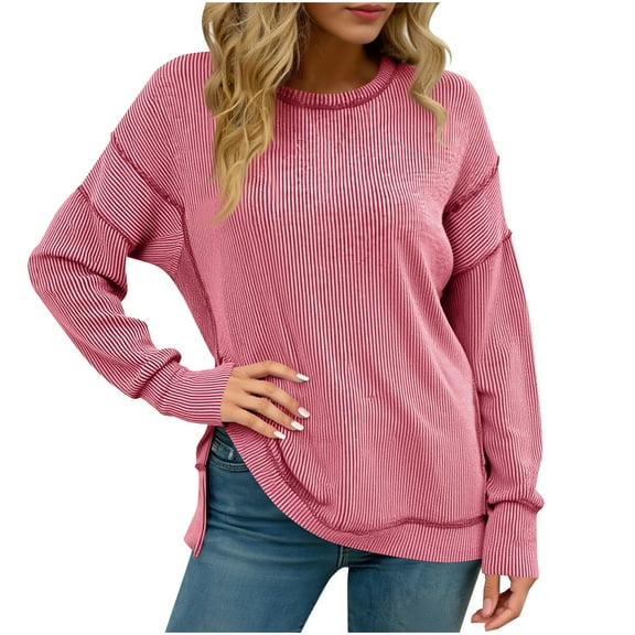 ZHYou No Boundaries Women's Striped Knit Sweater Long Sleeve Round Neck Casual Pullover Relaxed Fit Textured Tunic Top Comfortable Wardrobe Essential Multiple Colors,Red,Size M