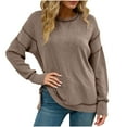 thumbnail image 1 of ZHYou Women's Striped Knit Sweater Long Sleeve Round Neck Casual Pullover Relaxed Fit Textured Tunic Top Comfortable Wardrobe Essential Multiple Colors,Khaki,Size S, 1 of 6