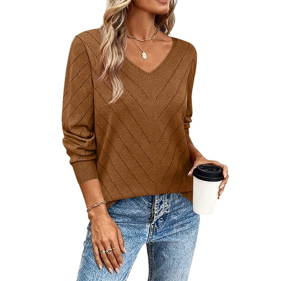 ZHYou No Boundaries Women's V-Neck Chevron Knit Sweater Long Sleeve Pullover Textured Casual Top Soft Comfortable Wardrobe Essential Multiple Colors Relaxed Fit,Coffee,Size S