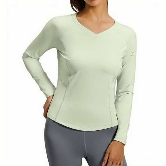 ZHYou Women's V-Neck Long Sleeve Fitness Top Stretchy Athletic Shirt Quick Dry Workout Tee Moisture Wicking Active Wear Slim Fit Gym Clothing,Green,Size 2XL