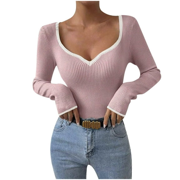 ZHYou No Boundaries Womens Contrast Trim V Neck Knitted Tops Slim Fit Stretchy Ribbed Knit Fashion Blouses Soft Comfortable Fabric Casual Tees,Pink,Size L