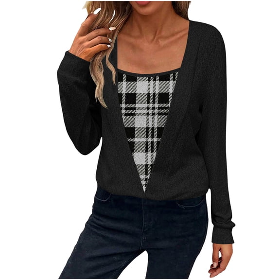 ZHYou Womens Fake Two-Piece Plaid Accent Top,Surplice Neck Long Sleeve Blouse Shirt,Casual Chic Knit Sweater with Print Inset,Black,Size:XL