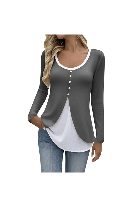 Womens Fake Two Piece Tunic Tops,Long Sleeve,Round Neck,Button Detail,Irregular Hem Soft Pullover Casual Blouses,Dark Gray,Size 5XL