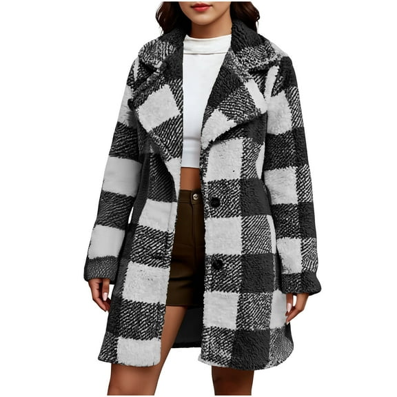 ZHYou Womens Faux Shearling Plaid Overcoat,Fuzzy Checkered Sherpa Winter Coat Jacket,Textured Warm Outerwear with Button Closure,Black,Size:M