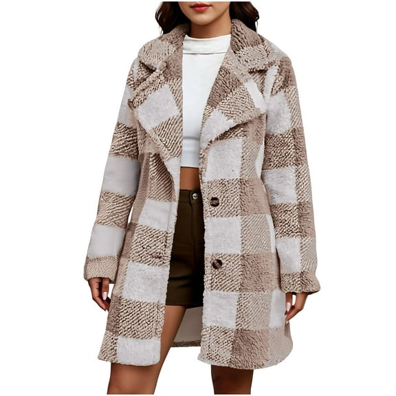 ZHYou No Boundaries Womens Faux Shearling Plaid Overcoat,Fuzzy Checkered Sherpa Winter Coat Jacket,Textured Warm Outerwear with Button Closure,Khaki,Size:L