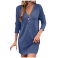 thumbnail image 1 of ZHYou Womens Long Sleeve Knit Sweater Dresses, V Neck, Zip Front, Ribbed Texture, Soft Comfortable, Stretchy, Casual Winter Mini Dress,Blue,M, 1 of 7