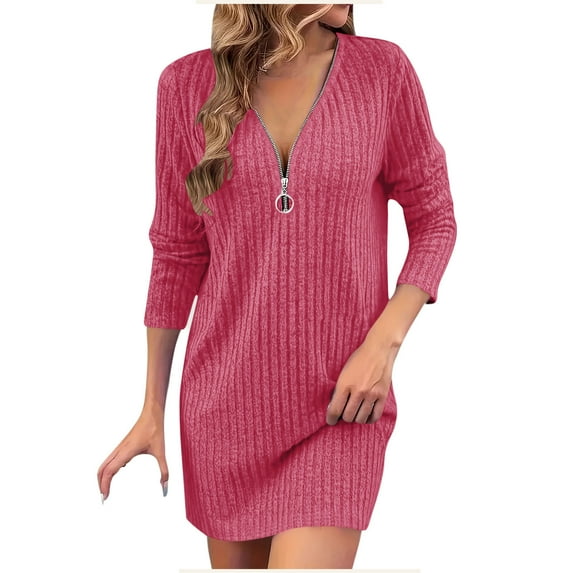 ZHYou Womens Long Sleeve Knit Sweater Dresses, V Neck, Zip Front, Ribbed Texture, Soft Comfortable, Stretchy, Casual Winter Mini Dress,Hot Pink,M