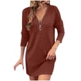 thumbnail image 1 of ZHYou Womens Long Sleeve Knit Sweater Dresses, V Neck, Zip Front, Ribbed Texture, Soft Comfortable, Stretchy, Casual Winter Mini Dress,Orange,2XL, 1 of 7