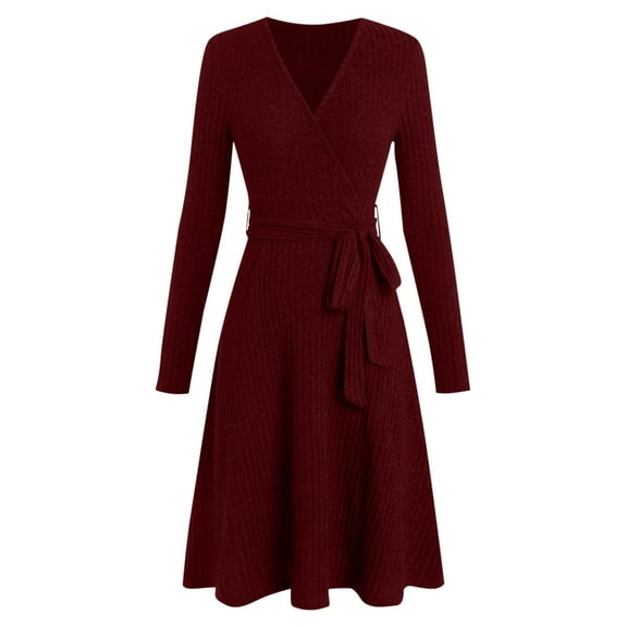 ZHYou No Boundaries Womens Long Sleeve Knit Wrap Dresses, V Neck, Ribbed Texture, Belted Waist, Soft Comfortable Stretchy Casual Fall Winter Dresses,Wine,M