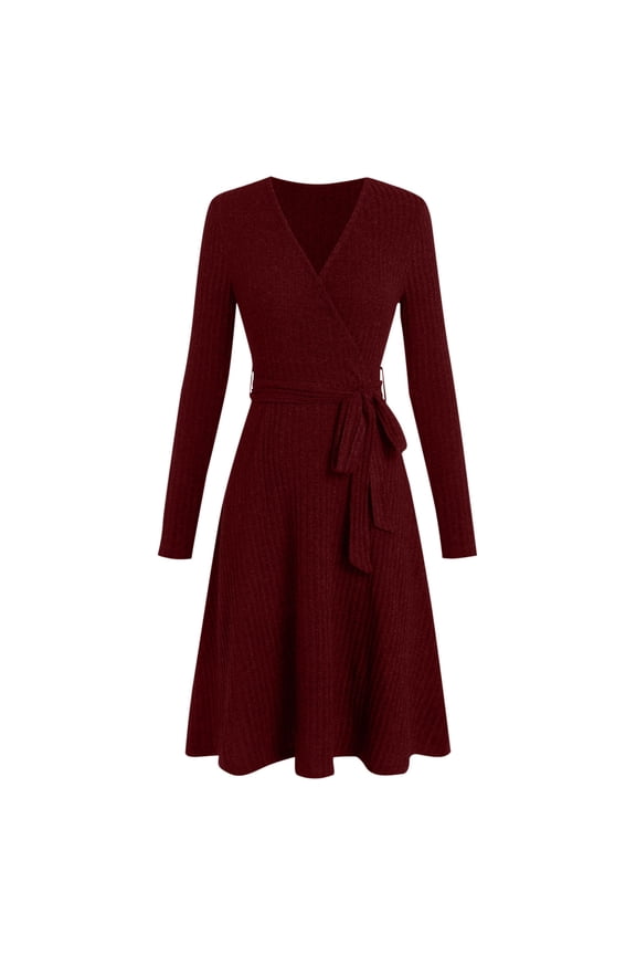 No Boundaries Womens Long Sleeve Knit Wrap Dresses, V Neck, Ribbed Texture, Belted Waist, Soft Comfortable Stretchy Casual Fall Winter Dresses,Wine,M