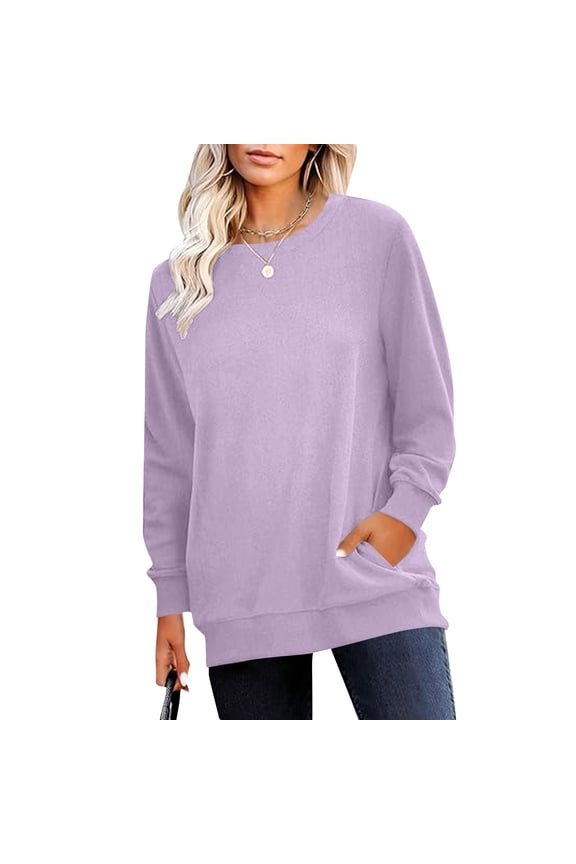 Womens Oversized Crew Neck Sweatshirt with Kangaroo Pockets,Soft Plush Fleece Lined Long Sleeve Casual Pullover Tops,Purple,Size 2XL