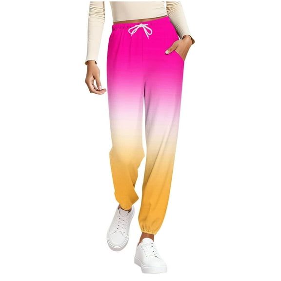 ZHYou Womens Pull On Jogger Pants,Color Block Gradient Trousers,Loose Fit Elastic Drawstring Waist Sweatpants with Pockets,Hot Pink,Size L