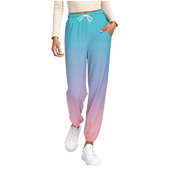ZHYou Womens Pull On Jogger Pants,Color Block Gradient Trousers,Loose Fit Elastic Drawstring Waist Sweatpants with Pockets,Light Blue,Size 2XL