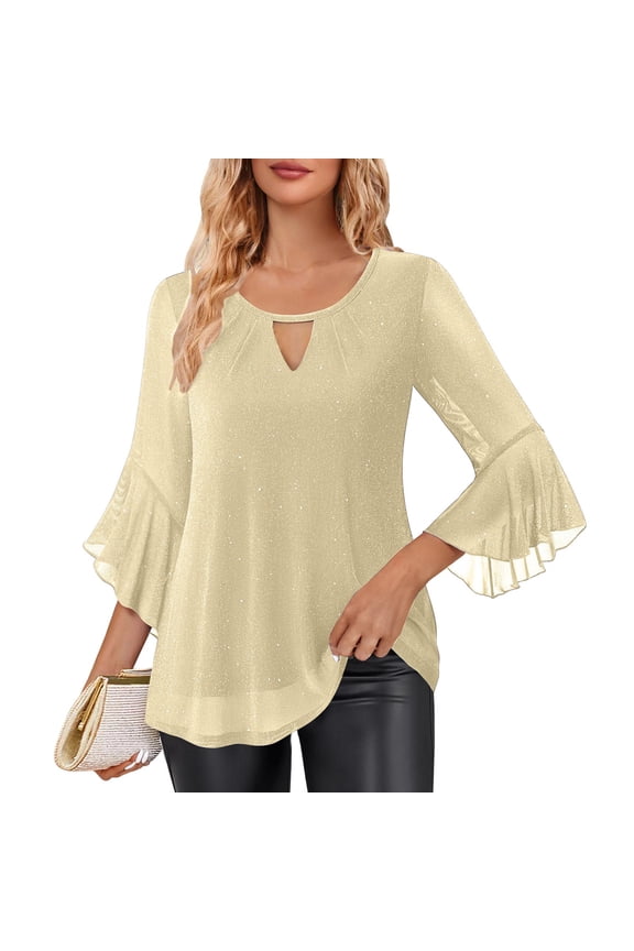 Womens Sparkly Flare Sleeve Blouses,Sequined Tiered Tunic Tops,Glittery Keyhole Neck,Party Shirts Night Out Attire Flared Hem,Beige,Size 2XL