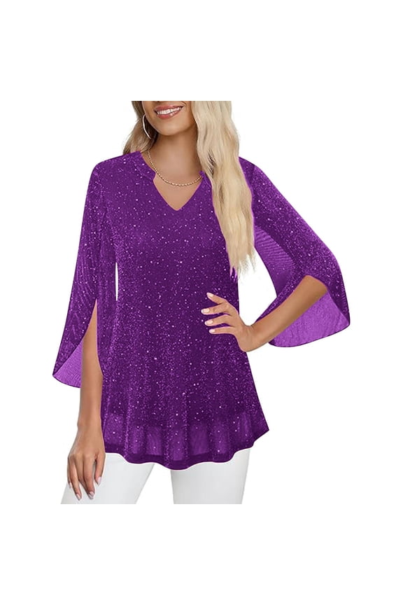 Womens Sparkly V Neck Tunic Tops Flare Sleeves Open Side Slit Loose Fit Flowy Shimmer Party Casual Daily Wear Blouses,Purple,Size 5XL