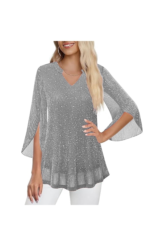 Womens Sparkly V Neck Tunic Tops Flare Sleeves Open Side Slit Loose Fit Flowy Shimmer Party Casual Daily Wear Blouses,Silver,Size 4XL
