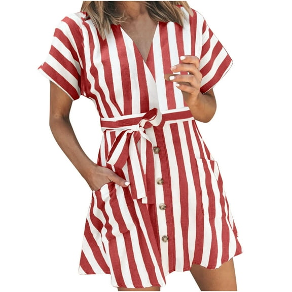 ZHYou No Boundaries Womens Striped Shirt Dresses, Short Sleeves, V Neck, Button Front, Self Tie Waist Belt, Soft Comfortable Breathable Lightweight Casual Mini Dress with Pockets,Red,M